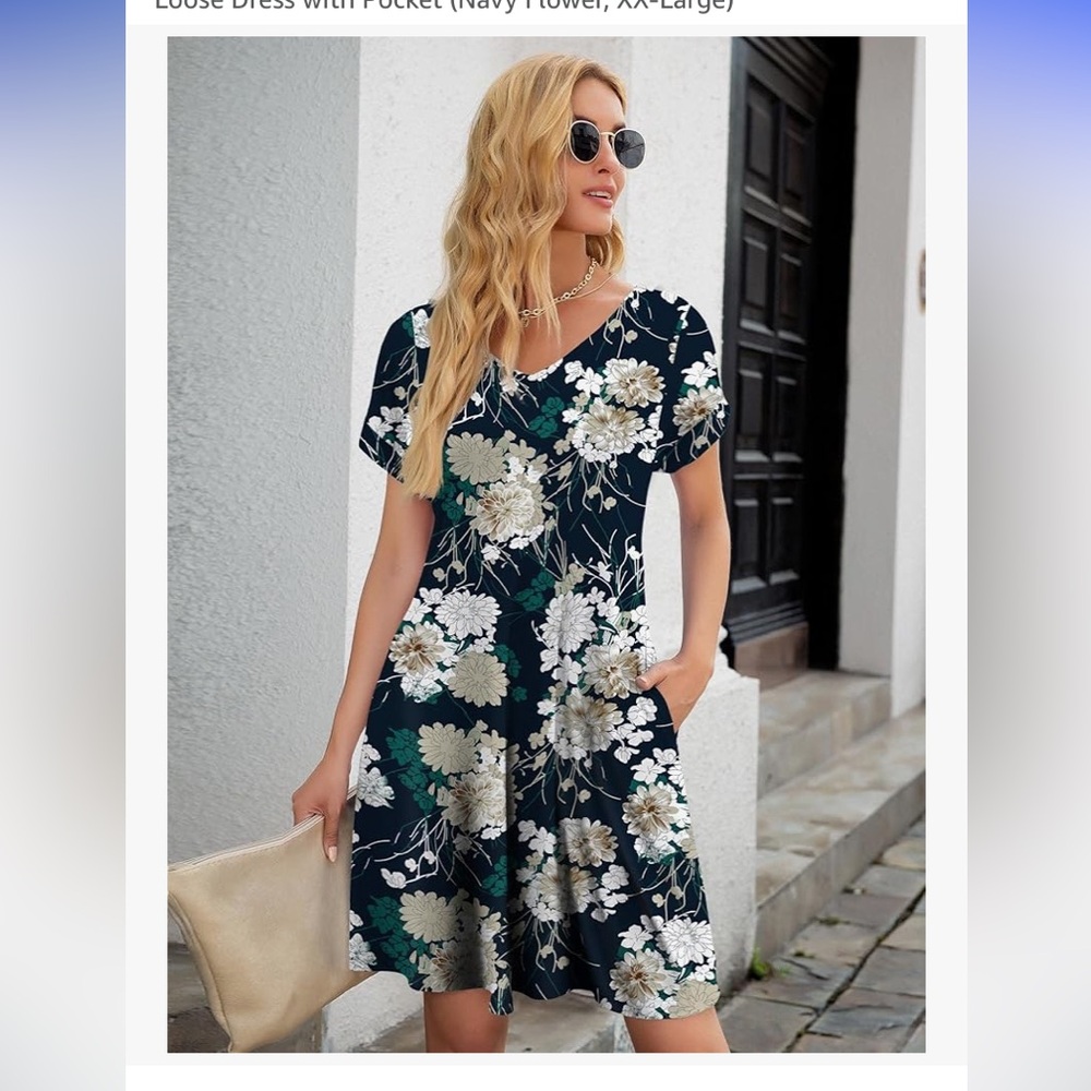 Amazon WEACZZY  Short Sleeve V-Neck Dress With Pockets Navy Flower XX-Large EUC